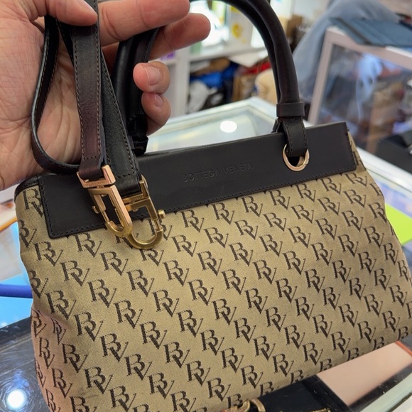 Bottega Veneta Handbags - Bottega Veneta Tan and Black Monogram Shoulder Bag